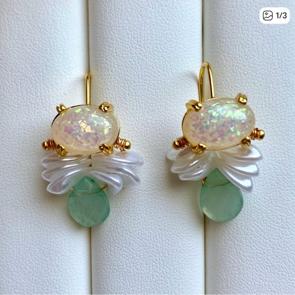 Elegant Gold and White Earrings with Opal and Green Accents